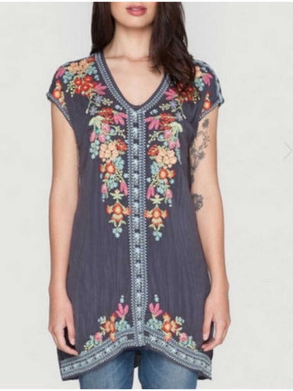 Johnny Was gray embroidered mini dress/tunic